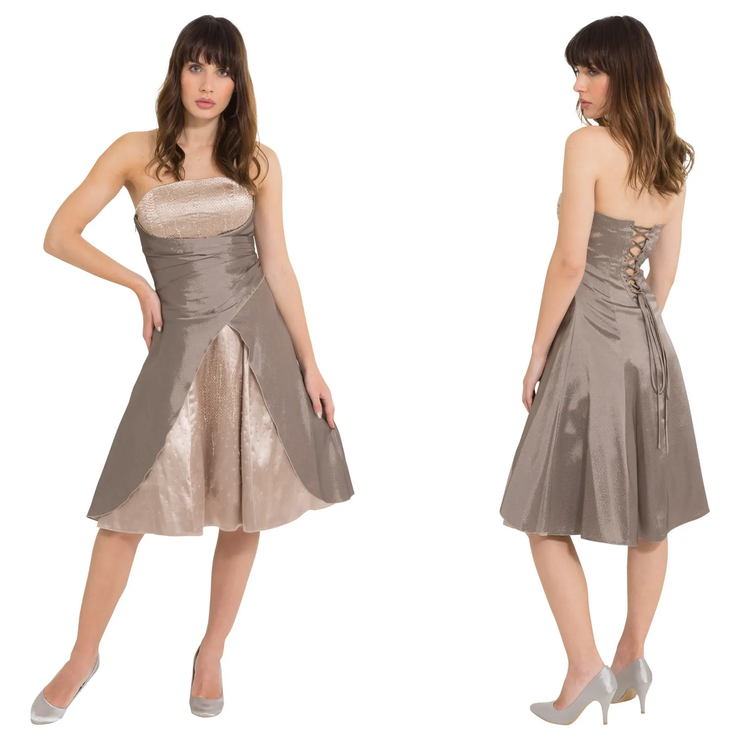 COCKTAILJURK CHAMPAGNE STRAPLESS (OPTIE SCHOUDERBANDEN) GLANSSATIJN